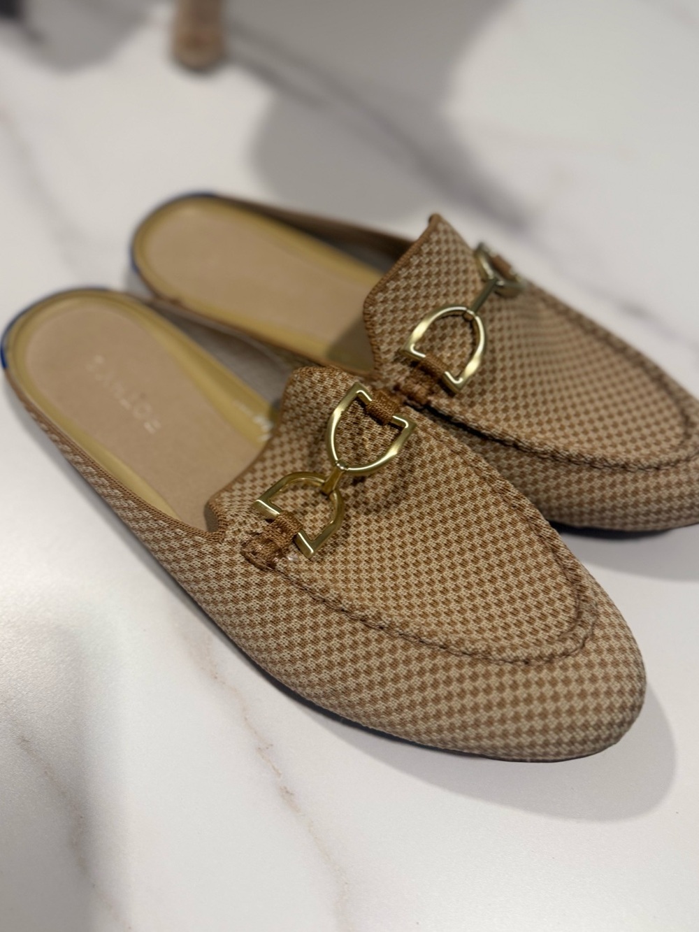 Rothy's Tan Houndstooth Slip-On Mule with Gold Bit